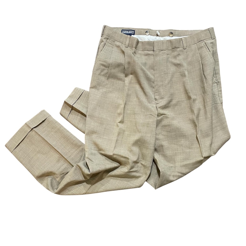 Lands' End Men's Traditional Fit Pleated Cuffed Dress Pants Trousers Beige Sz 36